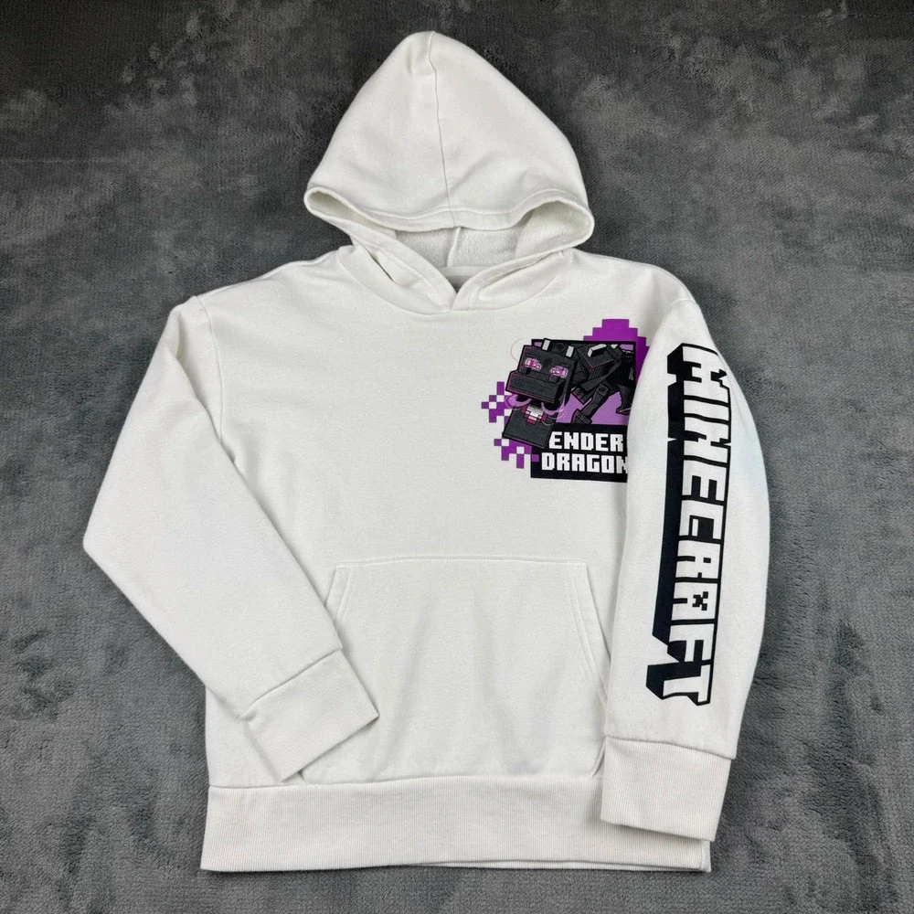 Old Navy Minecraft Ender Dragon Hoodie Kids Large 10-12 White Graphic Sweatshirt